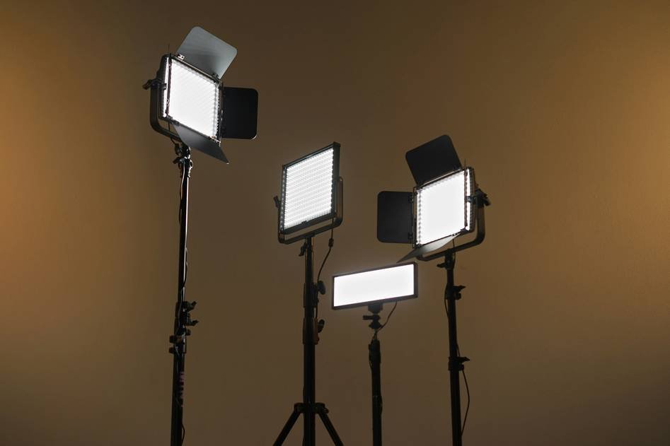 Close-up of a modern makeup vanity with LED lights reflecting a soft glow